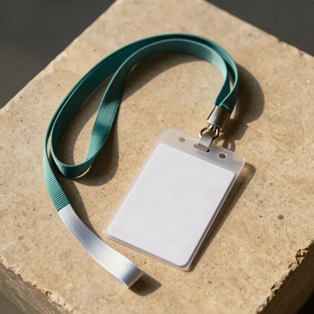 Woven teal lanyard, blanco badgehoes en sealstrip op beige steen in close-up.
