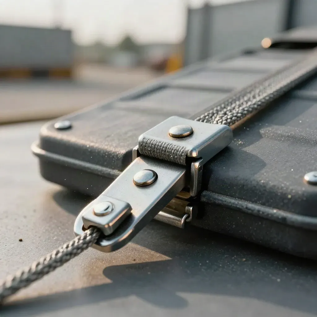 Macro van cargo seals, ty-wraps en een stalen clip op een grijze metalen ondergrond.