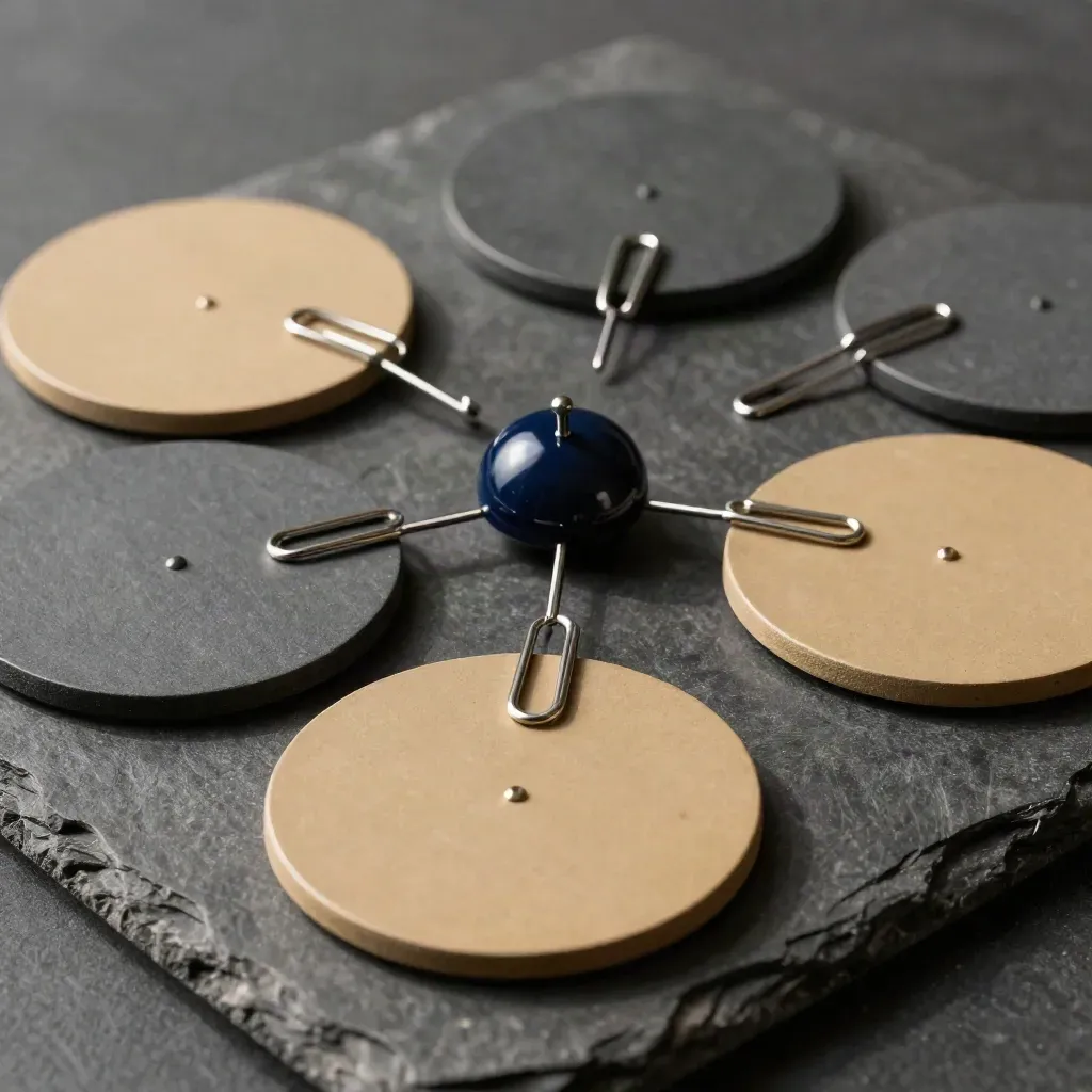 Matte schijven en paperclips rond een centrale pin op donkere steen, in zachte studiowerking.
