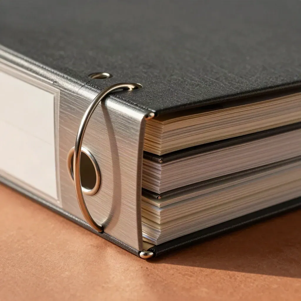 Close-up van een governance-binder met metalen ringen en tabbladen op terracotta.