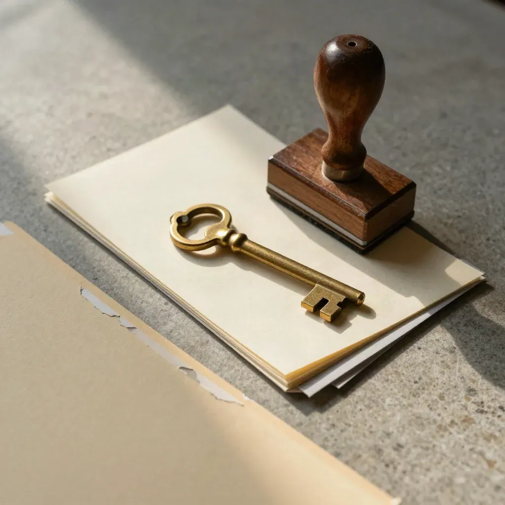 Bovenaanzicht van stempel, archiefsleutel en dividerkaarten op leigrijze steen.