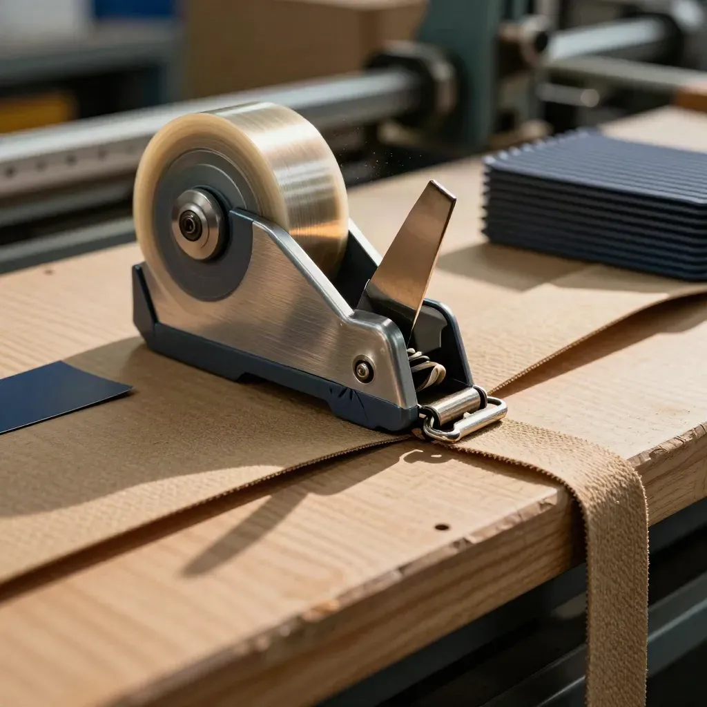 Verpakkingsset met tape-dispenser, hoekbeschermers en metalen gesp op een houten werkbank.