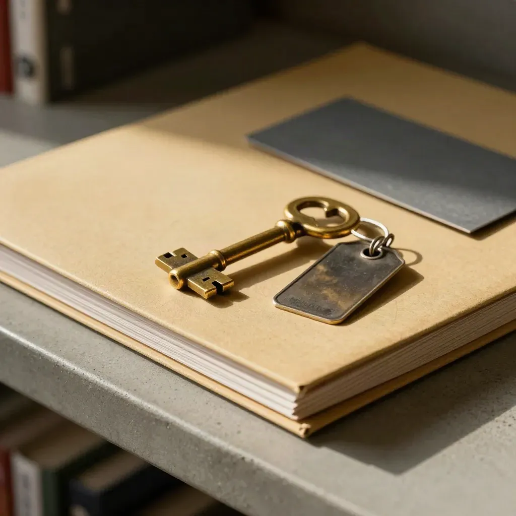 Brass sleutel schuift een mapje en label op een archiefplank in perfecte lijn.