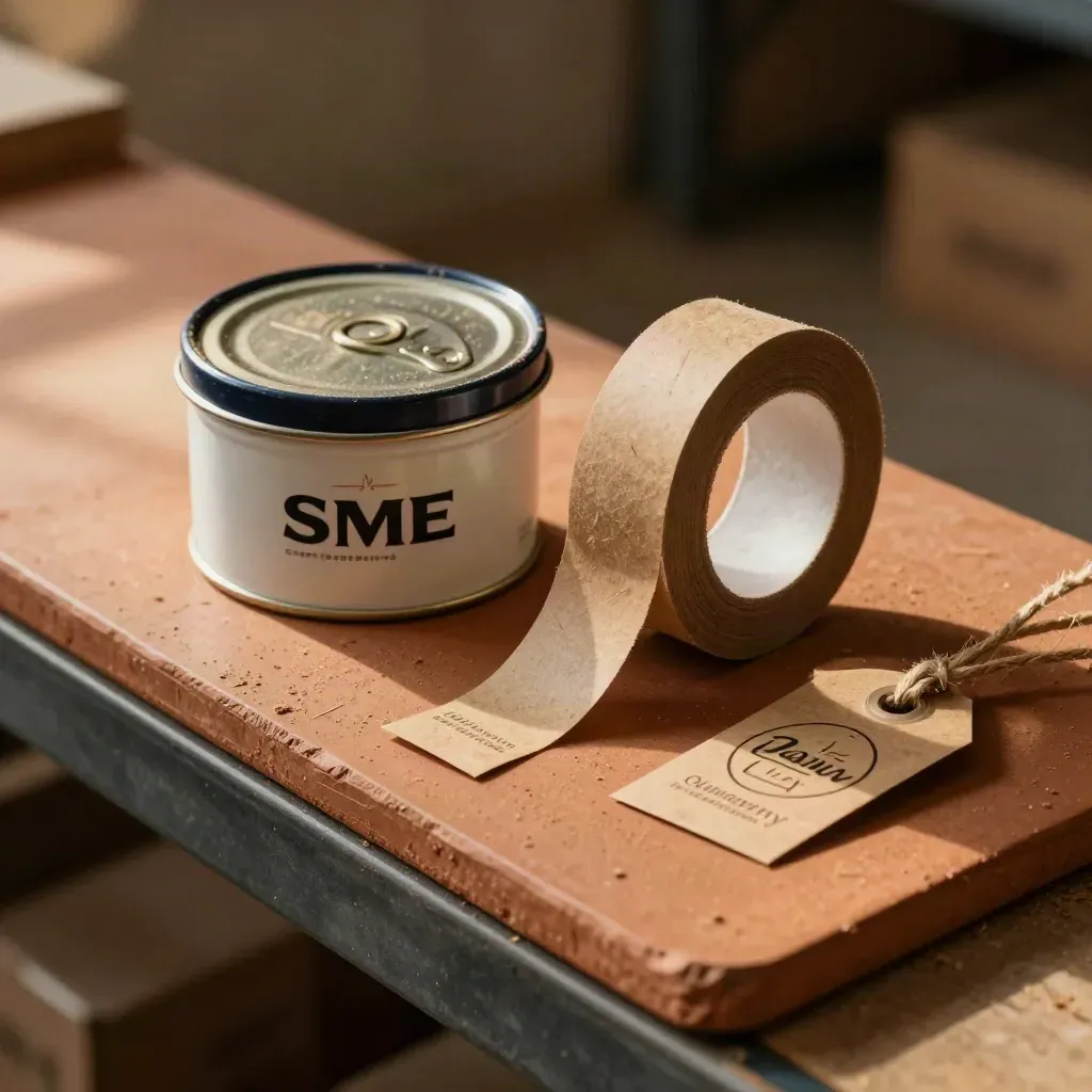 Bovenaanzicht van sampleblik, krafttape en kwaliteitszegels op terracotta in warme magazijnsfeer.