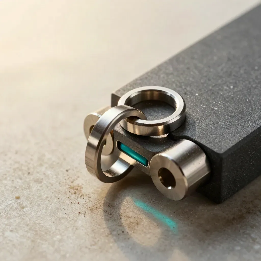 Macro van metalen ringen en connectoren op steen met subtiel teal accent.