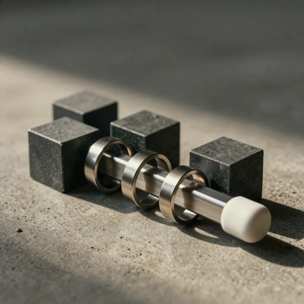 Graphietkleurige blokken, metalen ringen en een aluminium staaf op warm beton