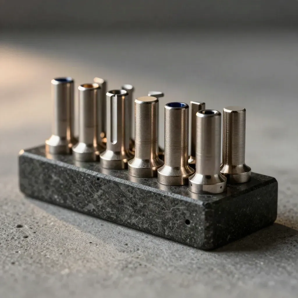 Close-up van metalen connectoren met pins op een donkere stenen basis.